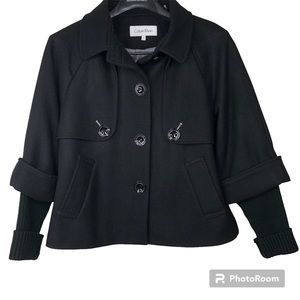 Calvin Klein Wool Pea Coat Swing Sweater Sleeves Black Size 6
